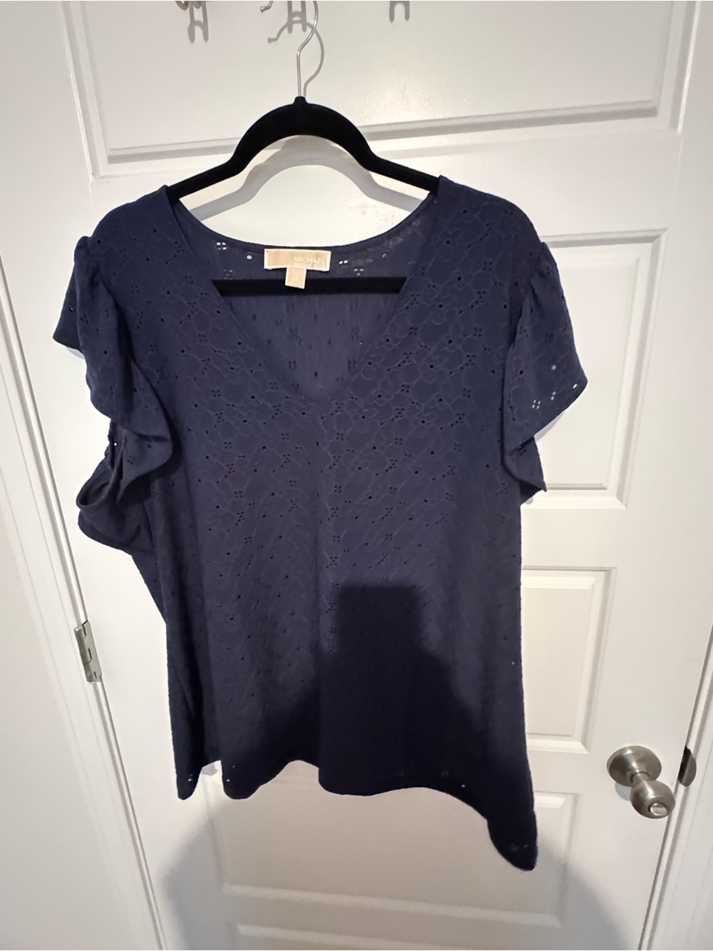 Michael Kors Navy Eyelet V-Neck Flutter Sleeve Top